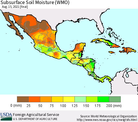 Mexico Central America and the Caribbean Subsurface Soil Moisture (WMO) Thematic Map For 8/9/2021 - 8/15/2021