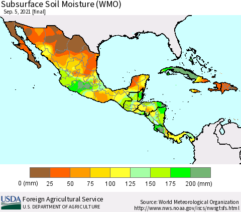 Mexico Central America and the Caribbean Subsurface Soil Moisture (WMO) Thematic Map For 8/30/2021 - 9/5/2021