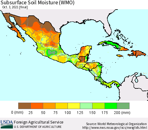 Mexico Central America and the Caribbean Subsurface Soil Moisture (WMO) Thematic Map For 9/27/2021 - 10/3/2021