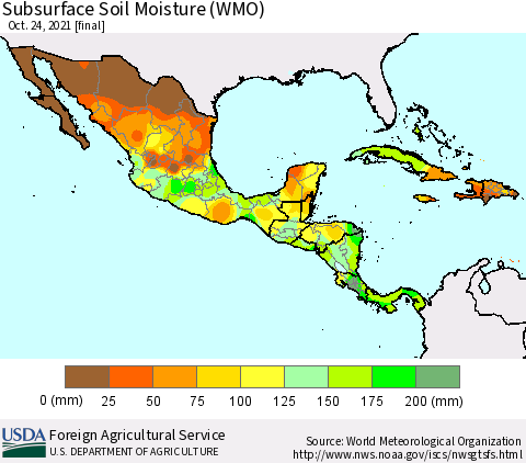 Mexico Central America and the Caribbean Subsurface Soil Moisture (WMO) Thematic Map For 10/18/2021 - 10/24/2021