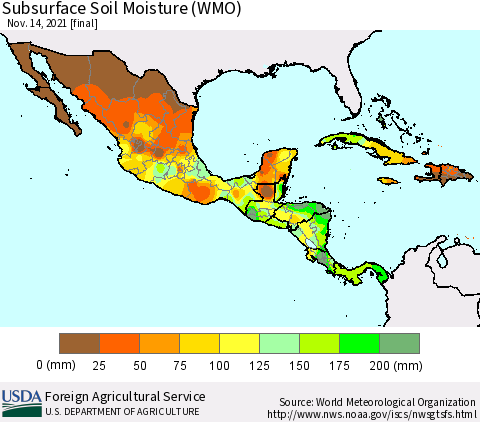 Mexico Central America and the Caribbean Subsurface Soil Moisture (WMO) Thematic Map For 11/8/2021 - 11/14/2021