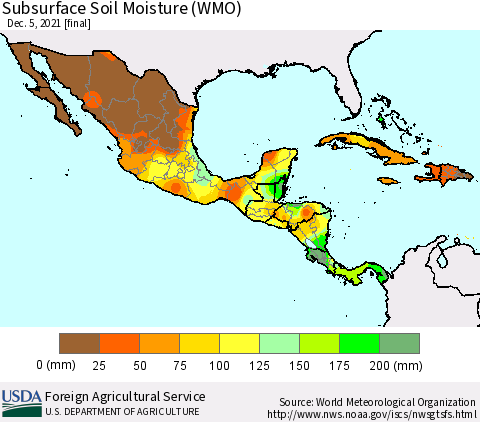 Mexico Central America and the Caribbean Subsurface Soil Moisture (WMO) Thematic Map For 11/29/2021 - 12/5/2021