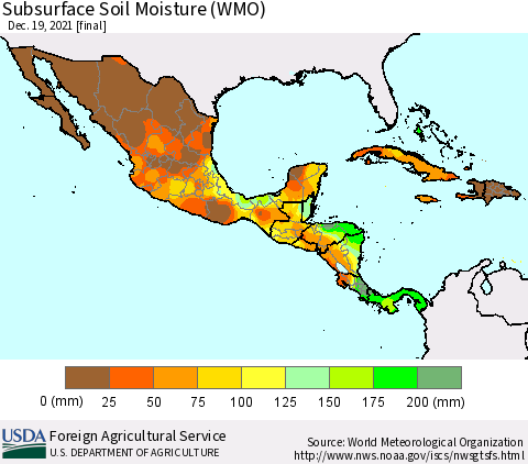Mexico Central America and the Caribbean Subsurface Soil Moisture (WMO) Thematic Map For 12/13/2021 - 12/19/2021