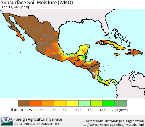 Mexico Central America and the Caribbean Subsurface Soil Moisture (WMO) Thematic Map For 2/7/2022 - 2/13/2022