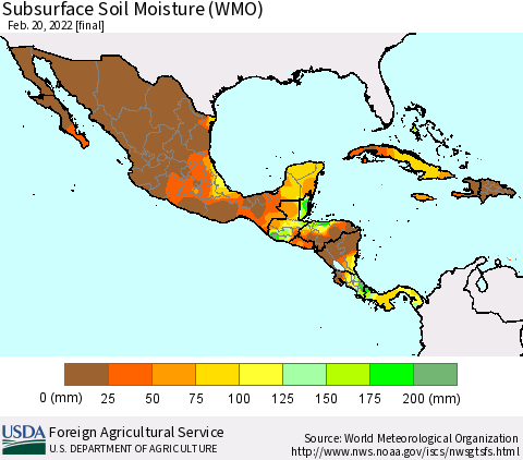 Mexico Central America and the Caribbean Subsurface Soil Moisture (WMO) Thematic Map For 2/14/2022 - 2/20/2022
