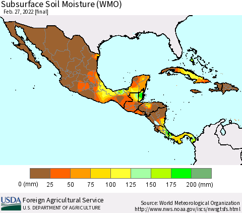 Mexico Central America and the Caribbean Subsurface Soil Moisture (WMO) Thematic Map For 2/21/2022 - 2/27/2022