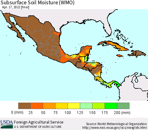 Mexico Central America and the Caribbean Subsurface Soil Moisture (WMO) Thematic Map For 4/11/2022 - 4/17/2022