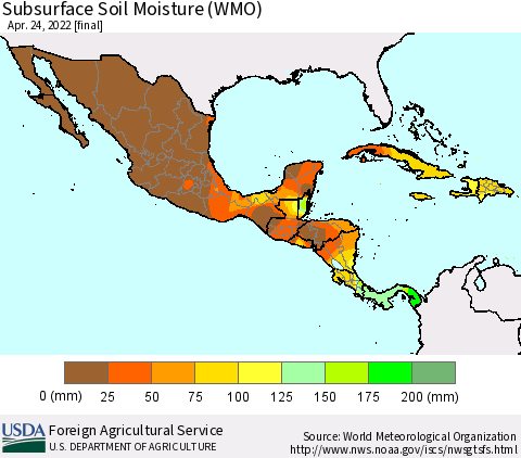 Mexico Central America and the Caribbean Subsurface Soil Moisture (WMO) Thematic Map For 4/18/2022 - 4/24/2022