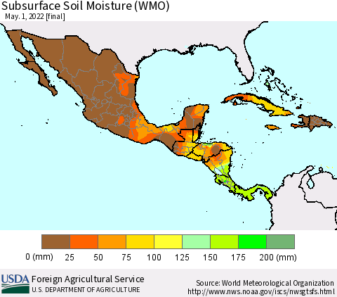 Mexico Central America and the Caribbean Subsurface Soil Moisture (WMO) Thematic Map For 4/25/2022 - 5/1/2022