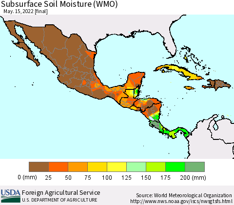 Mexico Central America and the Caribbean Subsurface Soil Moisture (WMO) Thematic Map For 5/9/2022 - 5/15/2022