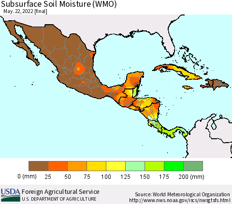 Mexico Central America and the Caribbean Subsurface Soil Moisture (WMO) Thematic Map For 5/16/2022 - 5/22/2022