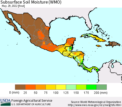 Mexico Central America and the Caribbean Subsurface Soil Moisture (WMO) Thematic Map For 5/23/2022 - 5/29/2022