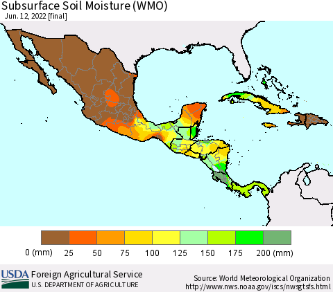 Mexico Central America and the Caribbean Subsurface Soil Moisture (WMO) Thematic Map For 6/6/2022 - 6/12/2022