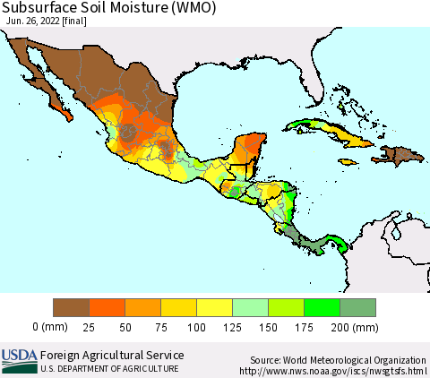 Mexico Central America and the Caribbean Subsurface Soil Moisture (WMO) Thematic Map For 6/20/2022 - 6/26/2022