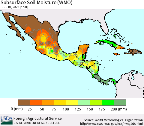 Mexico Central America and the Caribbean Subsurface Soil Moisture (WMO) Thematic Map For 7/4/2022 - 7/10/2022