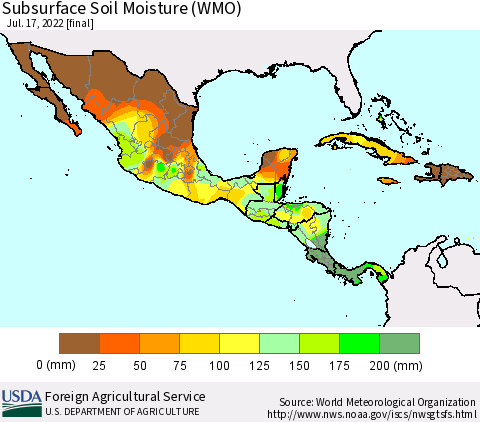 Mexico Central America and the Caribbean Subsurface Soil Moisture (WMO) Thematic Map For 7/11/2022 - 7/17/2022