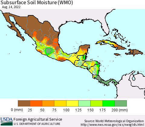 Mexico Central America and the Caribbean Subsurface Soil Moisture (WMO) Thematic Map For 8/8/2022 - 8/14/2022
