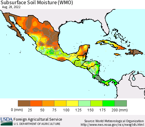 Mexico Central America and the Caribbean Subsurface Soil Moisture (WMO) Thematic Map For 8/22/2022 - 8/28/2022
