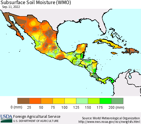 Mexico Central America and the Caribbean Subsurface Soil Moisture (WMO) Thematic Map For 9/5/2022 - 9/11/2022