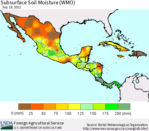 Mexico Central America and the Caribbean Subsurface Soil Moisture (WMO) Thematic Map For 9/12/2022 - 9/18/2022