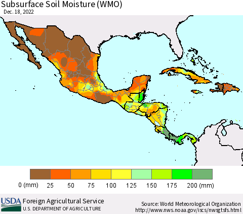Mexico Central America and the Caribbean Subsurface Soil Moisture (WMO) Thematic Map For 12/12/2022 - 12/18/2022