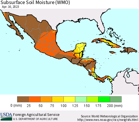 Mexico Central America and the Caribbean Subsurface Soil Moisture (WMO) Thematic Map For 4/10/2023 - 4/16/2023