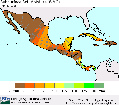 Mexico Central America and the Caribbean Subsurface Soil Moisture (WMO) Thematic Map For 4/24/2023 - 4/30/2023