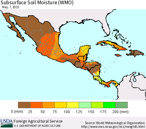 Mexico Central America and the Caribbean Subsurface Soil Moisture (WMO) Thematic Map For 5/1/2023 - 5/7/2023