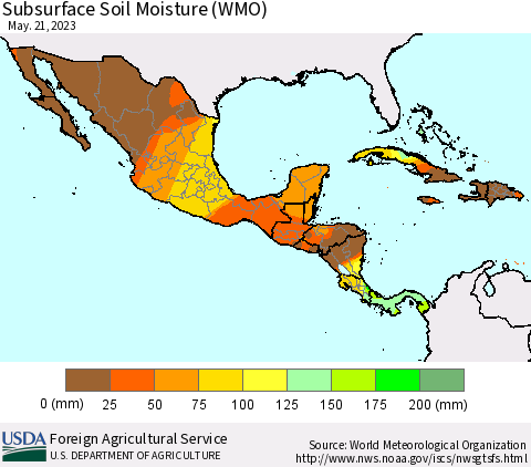 Mexico Central America and the Caribbean Subsurface Soil Moisture (WMO) Thematic Map For 5/15/2023 - 5/21/2023