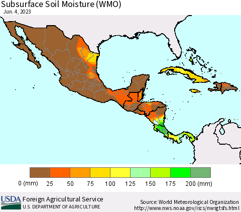 Mexico Central America and the Caribbean Subsurface Soil Moisture (WMO) Thematic Map For 5/29/2023 - 6/4/2023