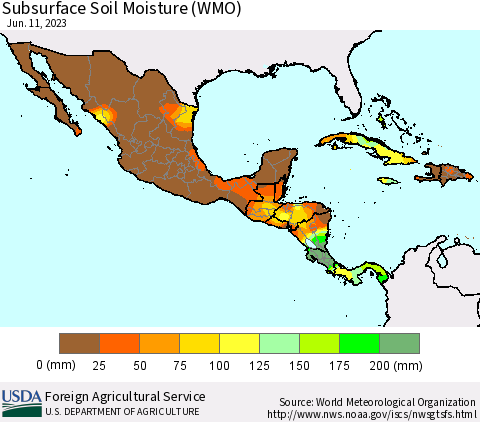 Mexico Central America and the Caribbean Subsurface Soil Moisture (WMO) Thematic Map For 6/5/2023 - 6/11/2023