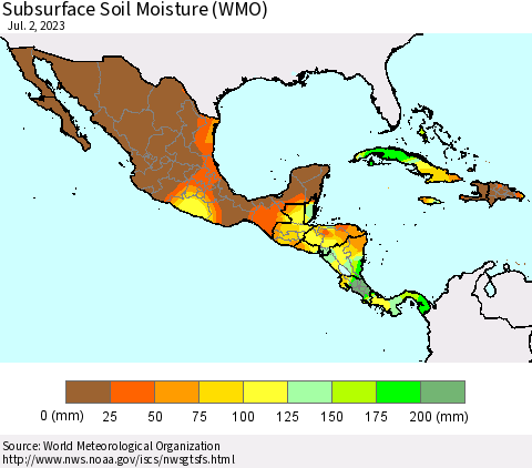Mexico Central America and the Caribbean Subsurface Soil Moisture (WMO) Thematic Map For 6/26/2023 - 7/2/2023