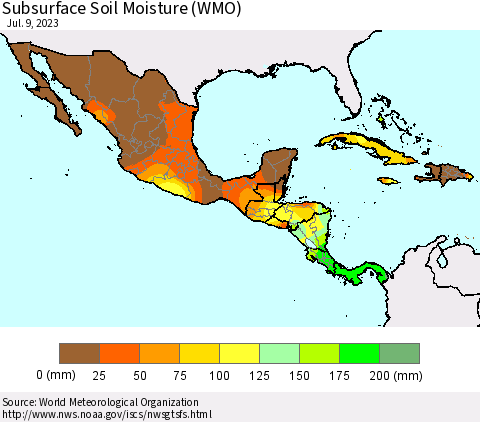 Mexico Central America and the Caribbean Subsurface Soil Moisture (WMO) Thematic Map For 7/3/2023 - 7/9/2023