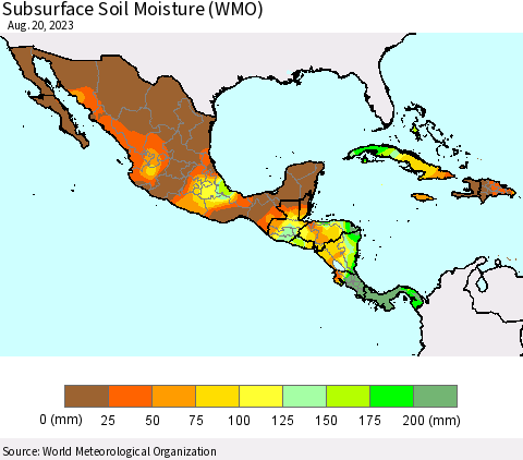 Mexico Central America and the Caribbean Subsurface Soil Moisture (WMO) Thematic Map For 8/14/2023 - 8/20/2023
