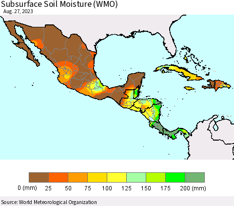 Mexico Central America and the Caribbean Subsurface Soil Moisture (WMO) Thematic Map For 8/21/2023 - 8/27/2023