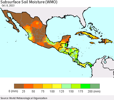 Mexico Central America and the Caribbean Subsurface Soil Moisture (WMO) Thematic Map For 10/2/2023 - 10/8/2023