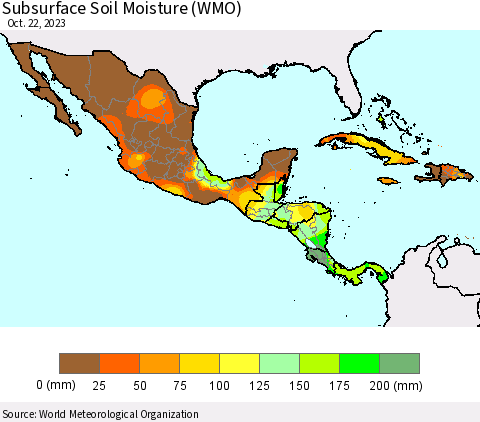 Mexico Central America and the Caribbean Subsurface Soil Moisture (WMO) Thematic Map For 10/16/2023 - 10/22/2023