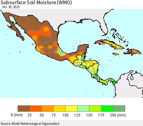 Mexico Central America and the Caribbean Subsurface Soil Moisture (WMO) Thematic Map For 10/23/2023 - 10/29/2023