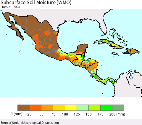 Mexico Central America and the Caribbean Subsurface Soil Moisture (WMO) Thematic Map For 12/25/2023 - 12/31/2023