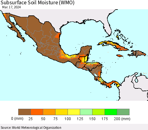 Mexico Central America and the Caribbean Subsurface Soil Moisture (WMO) Thematic Map For 3/11/2024 - 3/17/2024
