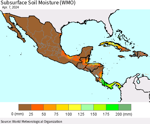 Mexico Central America and the Caribbean Subsurface Soil Moisture (WMO) Thematic Map For 4/1/2024 - 4/7/2024