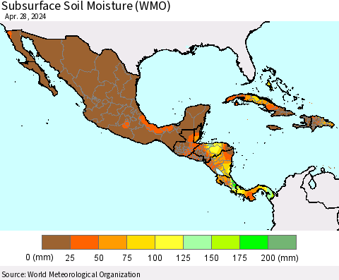 Mexico Central America and the Caribbean Subsurface Soil Moisture (WMO) Thematic Map For 4/22/2024 - 4/28/2024