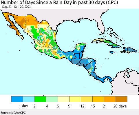 Mexico Central America and the Caribbean Number of Days Since a Rain Day in past 30 days (CPC) Thematic Map For 10/16/2021 - 10/20/2021