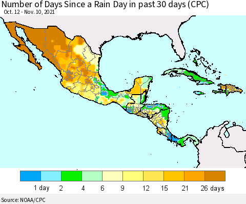 Mexico Central America and the Caribbean Number of Days Since a Rain Day in past 30 days (CPC) Thematic Map For 11/6/2021 - 11/10/2021