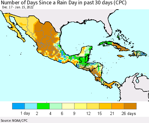 Mexico Central America and the Caribbean Number of Days Since a Rain Day in past 30 days (CPC) Thematic Map For 1/11/2022 - 1/15/2022