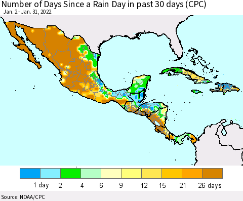 Mexico Central America and the Caribbean Number of Days Since a Rain Day in past 30 days (CPC) Thematic Map For 1/26/2022 - 1/31/2022