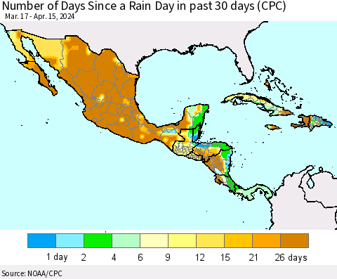 Mexico Central America and the Caribbean Number of Days Since a Rain Day in past 30 days (CPC) Thematic Map For 4/11/2024 - 4/15/2024
