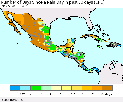 Mexico Central America and the Caribbean Number of Days Since a Rain Day in past 30 days (CPC) Thematic Map For 4/21/2024 - 4/25/2024