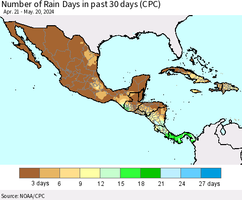 Mexico Central America and the Caribbean Number of Rain Days in past 30 days (CPC) Thematic Map For 5/16/2024 - 5/20/2024