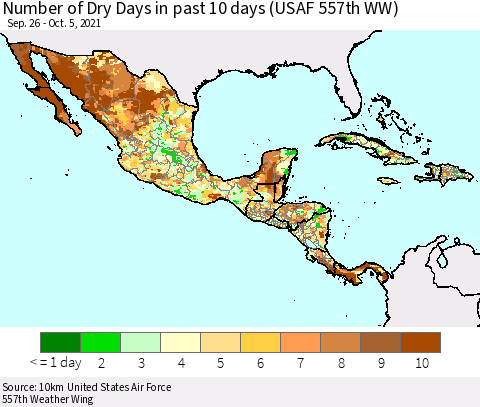 Mexico Central America and the Caribbean Number of Dry Days in past 10 days (USAF 557th WW) Thematic Map For 10/1/2021 - 10/5/2021